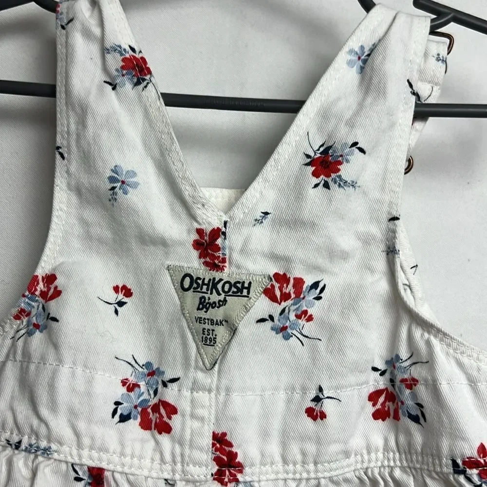 OshKosh B’Gosh white cotton red and blue floral overall dress EUC size 3 months